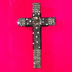 Wood ✝️of Repurposed Jewelry w/ Grey & Silver Rhinestones. Black chain w/accents
